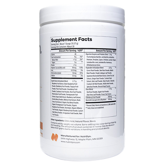 NutriDyn Fruits & Greens Immune Support Mango powder supplement facts label