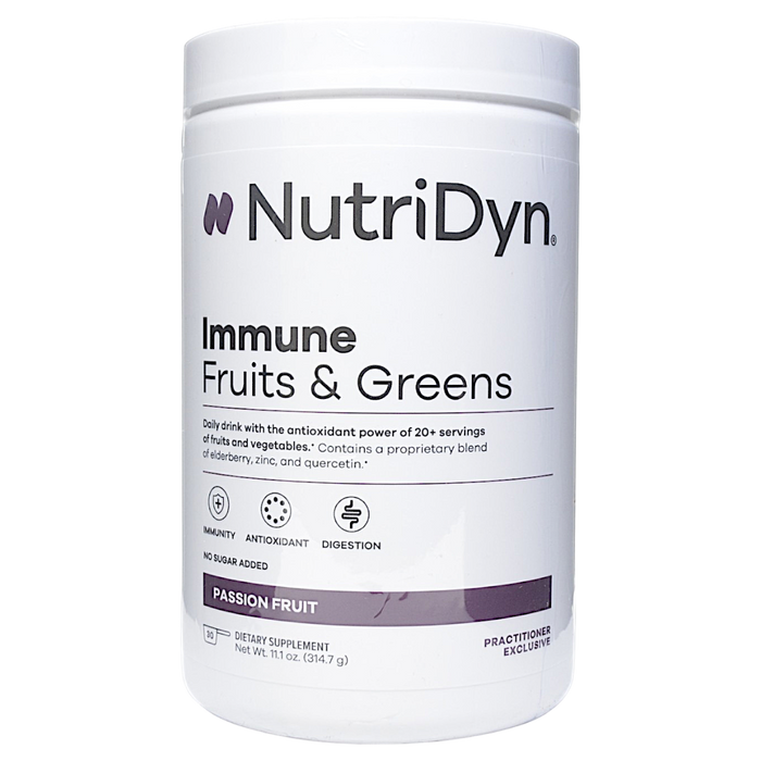 NutriDyn Fruits & Greens Immune Support Passion Fruit powder, front of canister