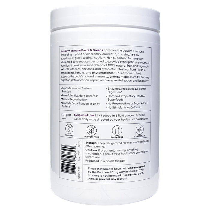 NutriDyn Fruits & Greens Immune Support Passion Fruit powder suggested use label