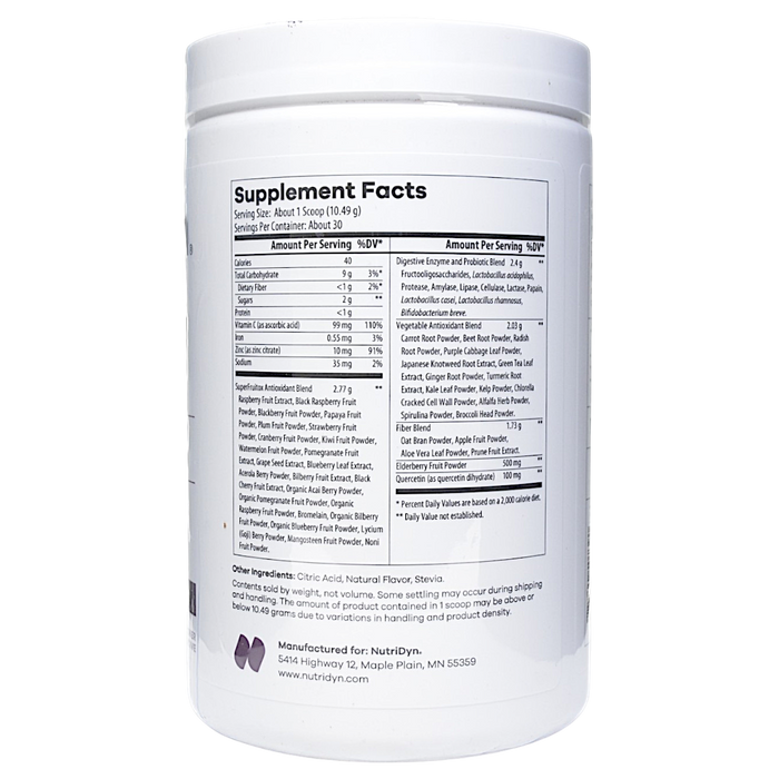 NutriDyn Fruits & Greens Immune Support Passion Fruit powder supplement facts label