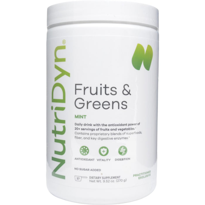 NutriDyn Fruits & Greens Original Mint powder, front of canister