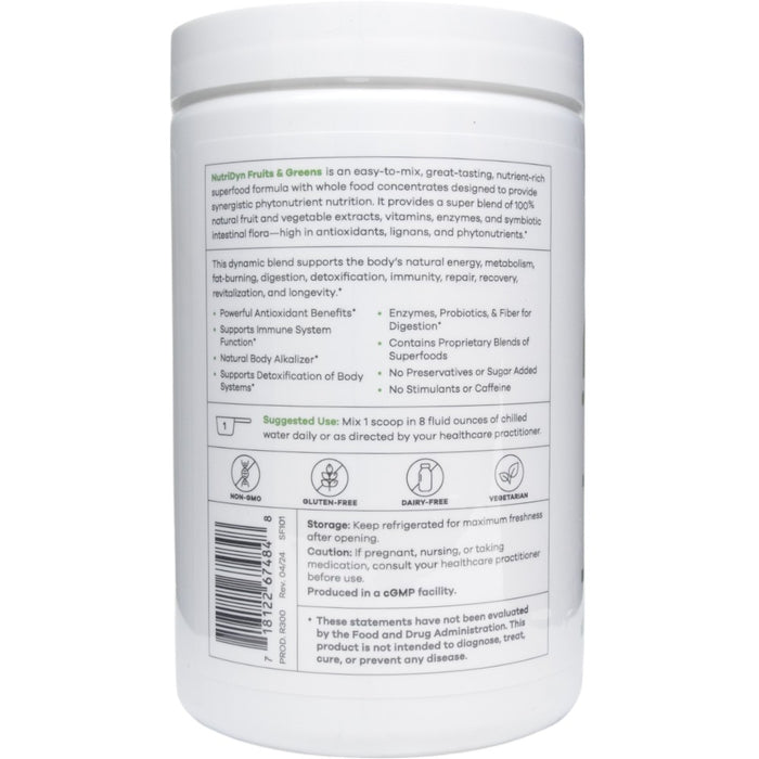 NutriDyn Fruits & Greens Original Mint powder suggested use label