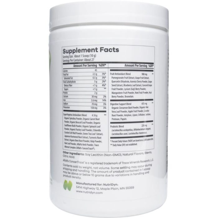NutriDyn Fruits & Greens Original Mint powder supplement facts label