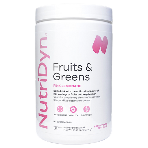NutriDyn Fruits & Greens Pink Lemonade powder, front of canister