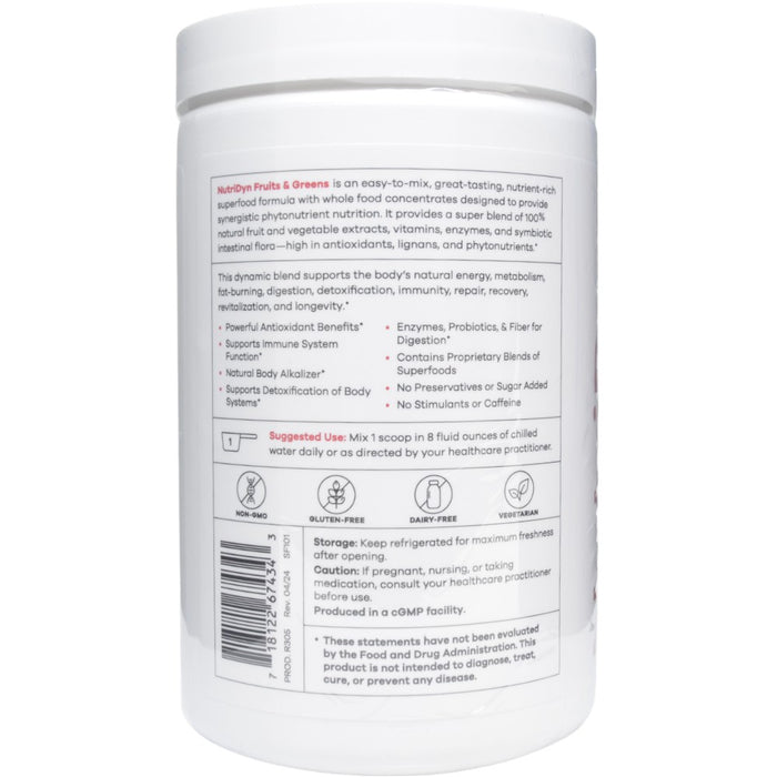 NutriDyn Fruits & Greens Strawberry Kiwi powder suggested use and ingredients label
