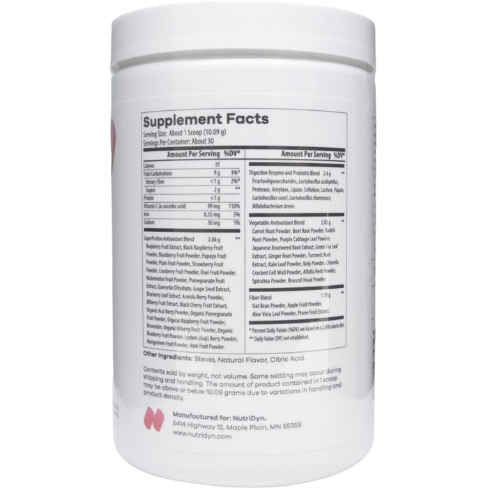 NutriDyn Fruits & Greens Strawberry Kiwi powder supplement facts label