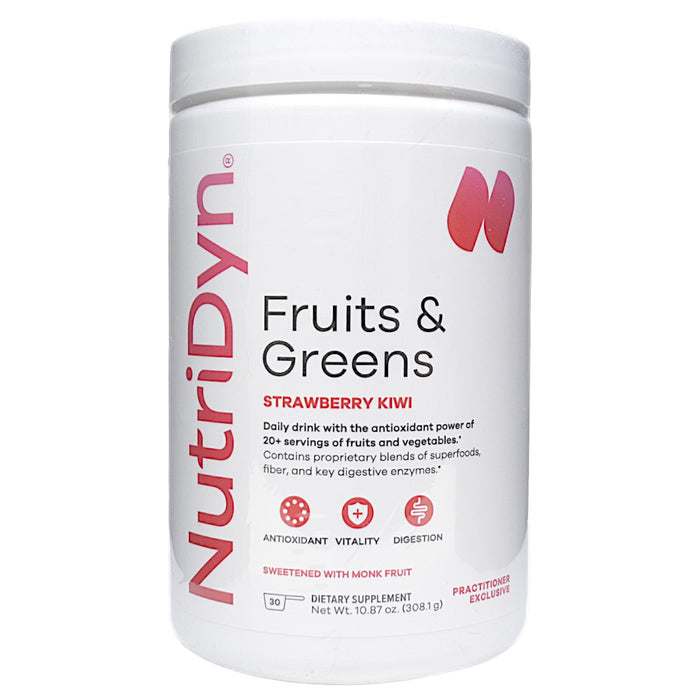 NutriDyn Fruits & Greens Strawberry Kiwi with Monk Fruit powder, front of canister