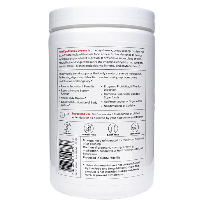 NutriDyn Fruits & Greens Strawberry Kiwi with Monk Fruit powder suggested use label