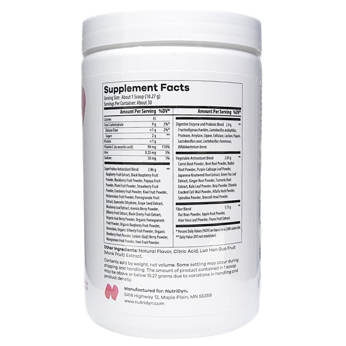 NutriDyn Fruits & Greens Strawberry Kiwi with Monk Fruit powder supplement facts label