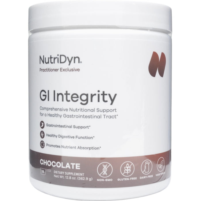 NutriDyn GI Integrity Chocolate powder, front of canister