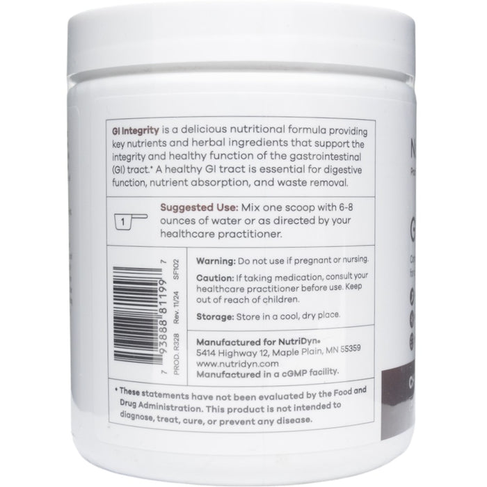NutriDyn GI Integrity Chocolate powder suggested use label