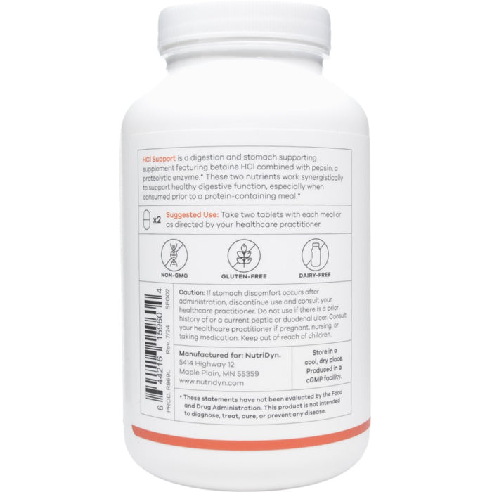NutriDyn HCl Support 180 tablets suggested use label