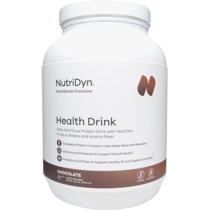 NutriDyn Health Drink Chocolate powder, front of canister