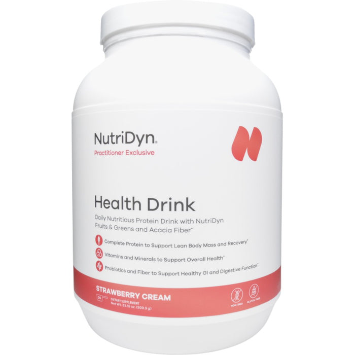 NutriDyn Health Drink Strawberry Cream powder, front of canister