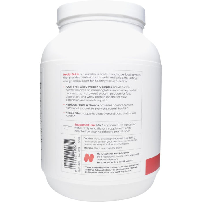 NutriDyn Health Drink Strawberry Cream powder suggested use label