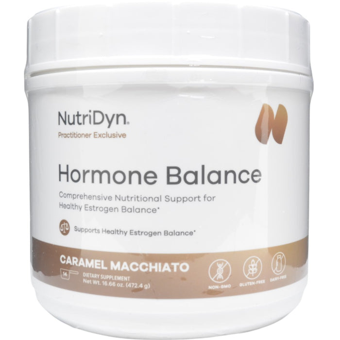 NutriDyn Hormone Balance Caramel Macchiato powder, front of canister
