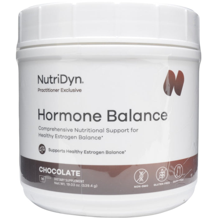 NutriDyn Hormone Balance Chocolate powder, front of canister