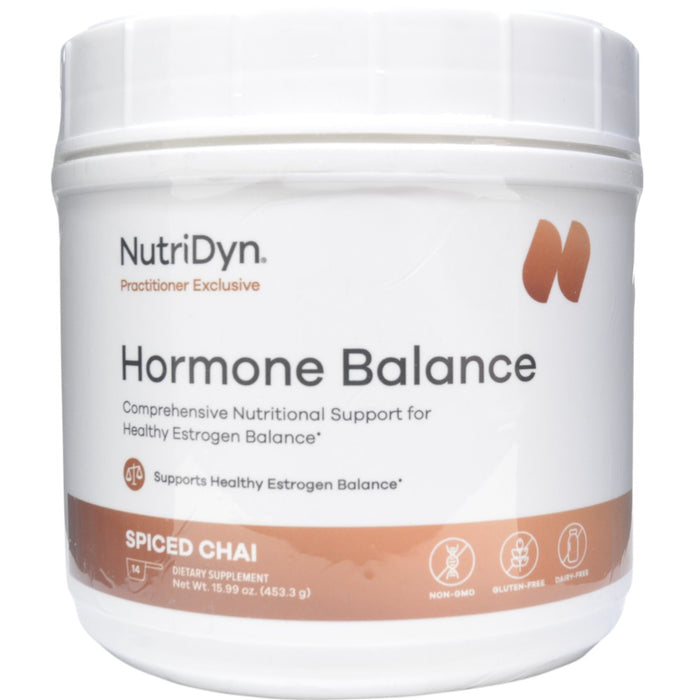 NutriDyn Hormone Balance Spiced Chai powder, front of canister