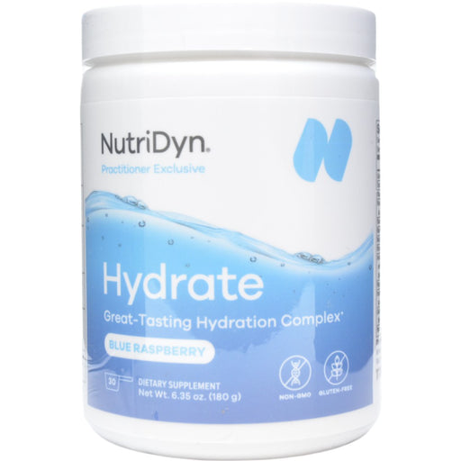 NutriDyn Hydrate Blue Raspberry powder, front of canister