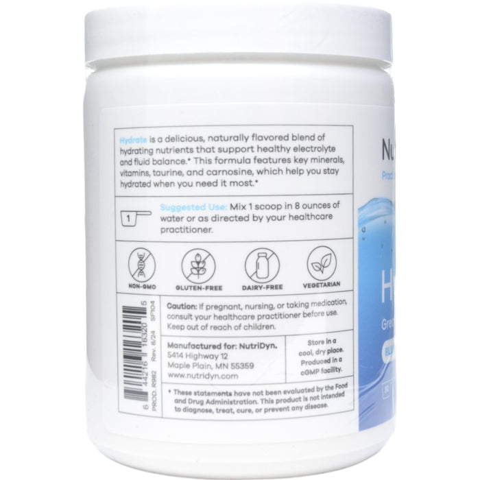 NutriDyn Hydrate Blue Raspberry powder suggested use label