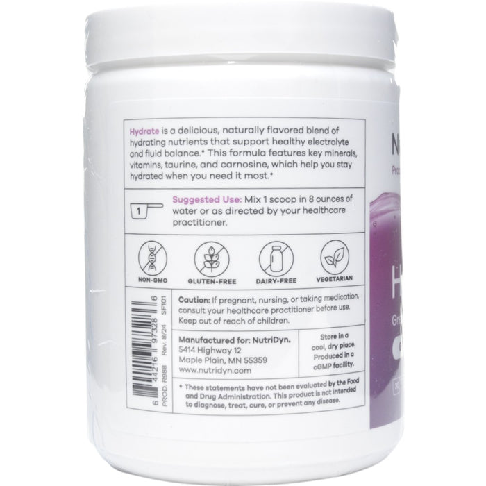 NutriDyn Hydrate Grape powder suggested use label