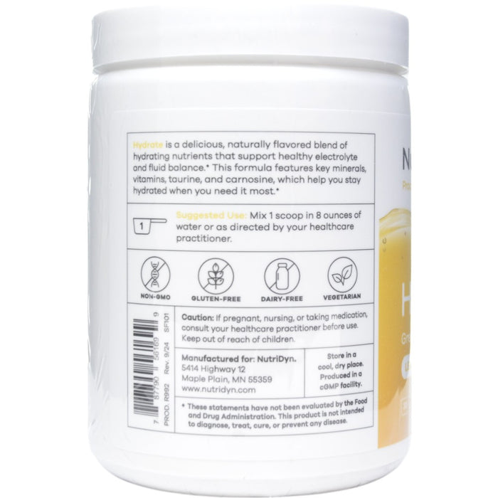 NutriDyn Hydrate Lemonade powder suggested use label