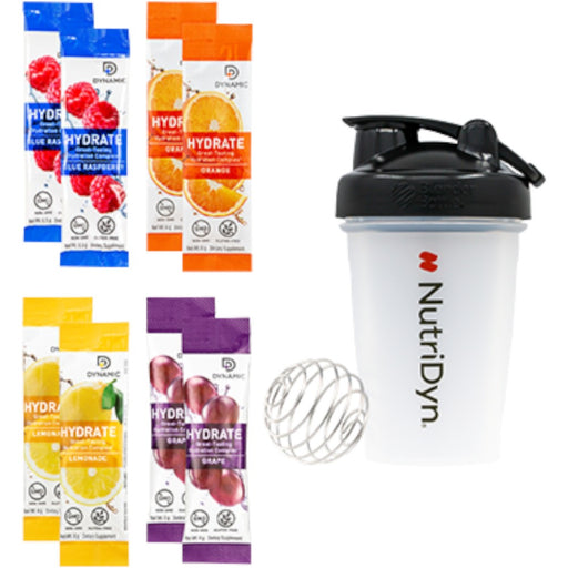 NutriDyn Dynamic Hydrate TO GO Starter Kit with assorted flavor packets and shaker bottle