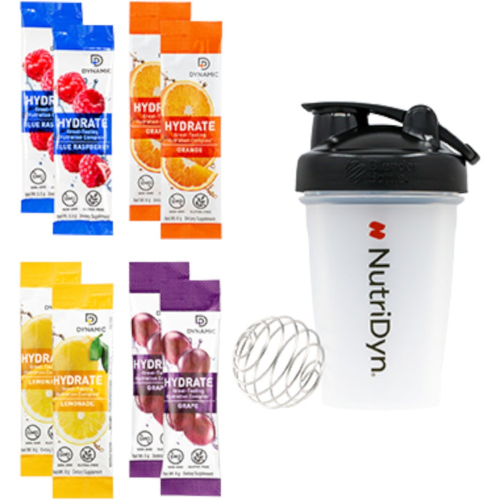 NutriDyn Dynamic Hydrate TO GO Starter Kit with assorted flavor packets and shaker bottle