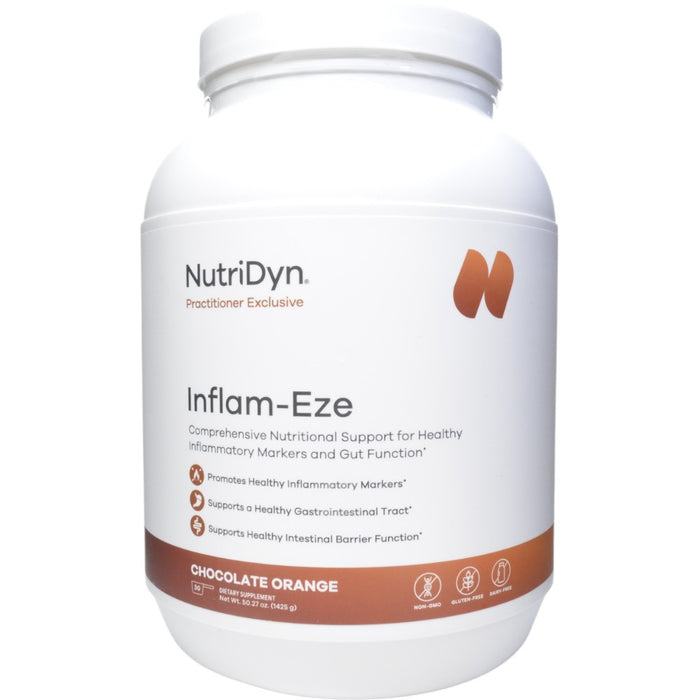 NutriDyn Inflam-Eze Chocolate Orange powder, 30 servings, front of canister