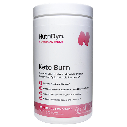 NutriDyn Keto Burn Raspberry Lemonade powder, front of canister