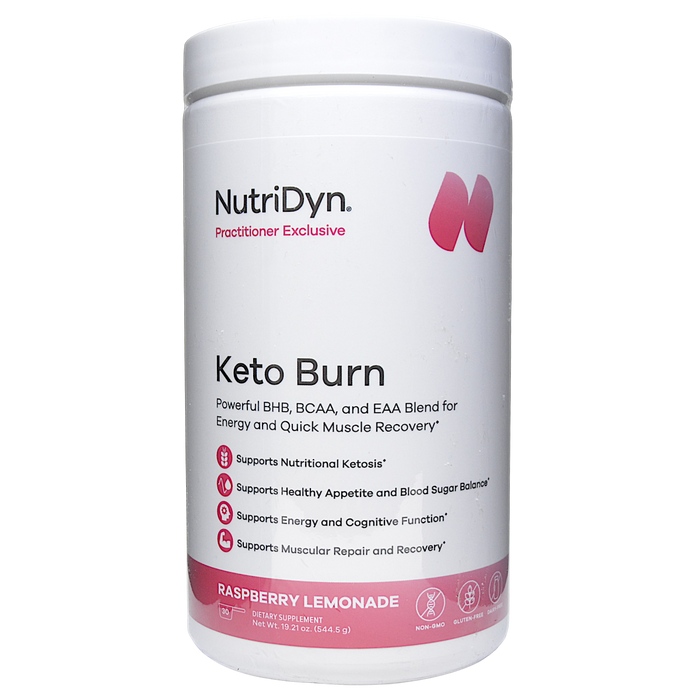 NutriDyn Keto Burn Raspberry Lemonade powder, front of canister