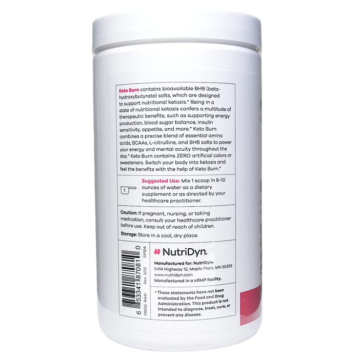 NutriDyn Keto Burn Raspberry Lemonade powder suggested use label