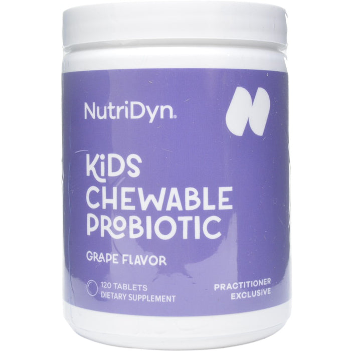 NutriDyn Kids Chewable Probiotic Grape, 120 tablets, front of jar