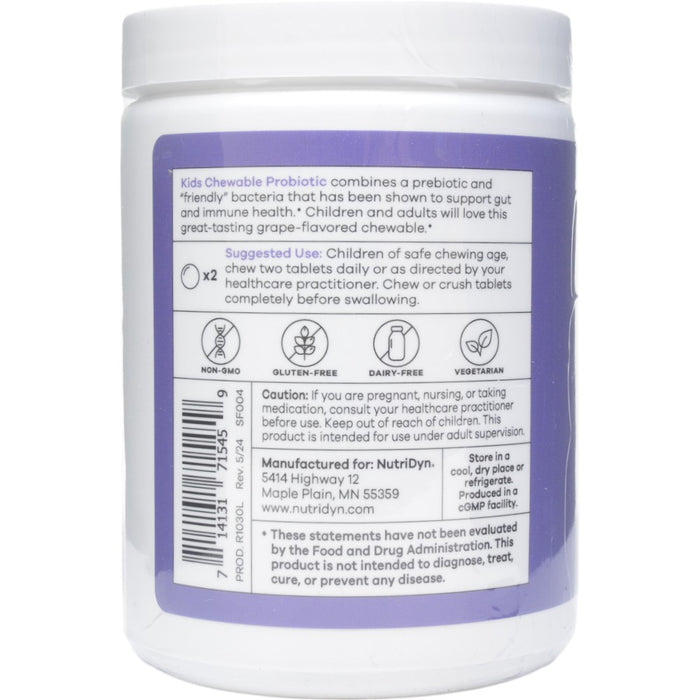 NutriDyn Kids Chewable Probiotic Grape 120 tablets suggested use label