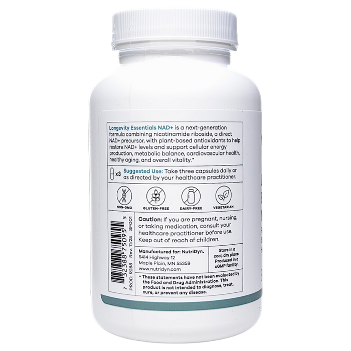 NutriDyn Longevity Essentials NAD+ 90 capsules suggested use label
