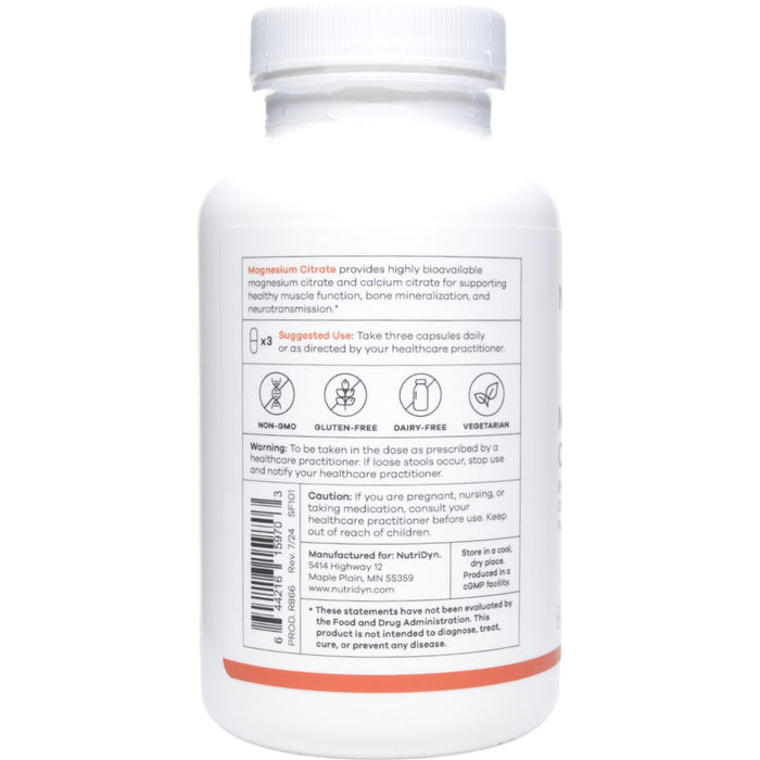 NutriDyn Magnesium Citrate 120 capsules suggested use label