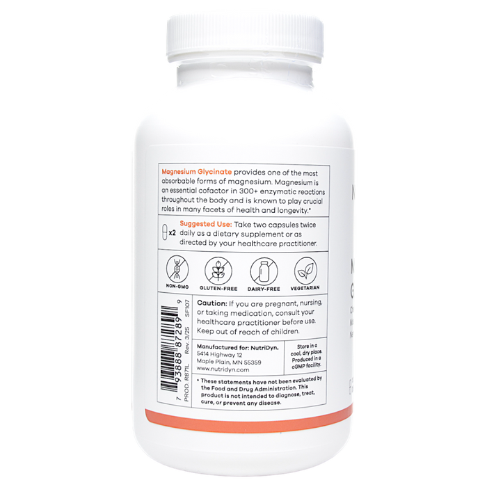 NutriDyn Magnesium Glycinate 120 capsules suggested use label