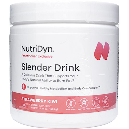 NutriDyn Slender Drink Strawberry Kiwi powder, front of canister