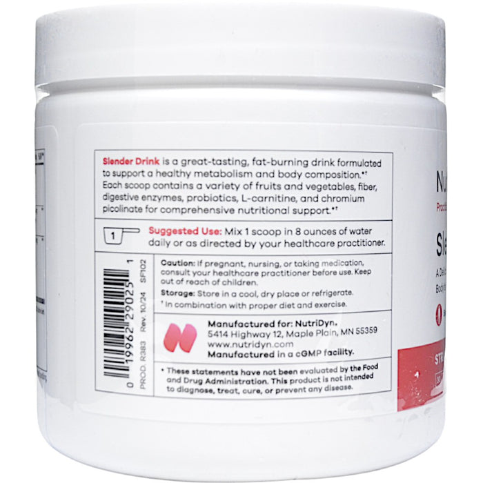 NutriDyn Slender Drink Strawberry Kiwi powder suggested use label