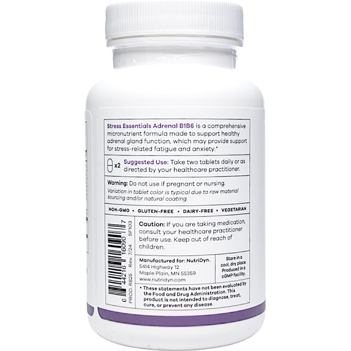NutriDyn Stress Essentials Adrenal B1B6 90 tablets suggested use label