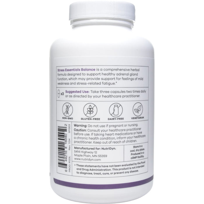 NutriDyn Stress Essentials Balance 180 capsules suggested use label