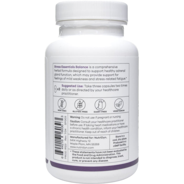 NutriDyn Stress Essentials Balance 90 capsules suggested use label