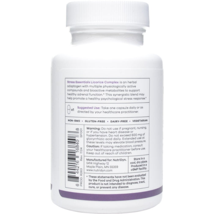 NutriDyn Stress Essentials Licorice Complex 60 capsules suggested use label