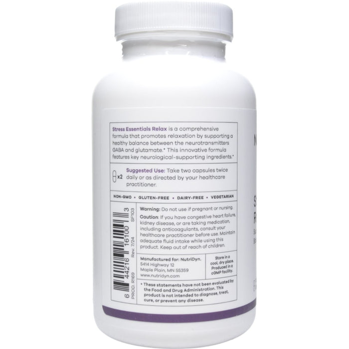 NutriDyn Stress Essentials Relax 120 capsules suggested use label