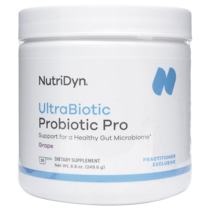 NutriDyn UltraBiotic Probiotic Pro powder, 8.8 oz, front of canister