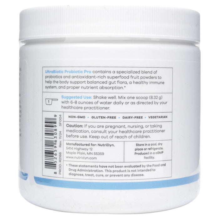 NutriDyn UltraBiotic Probiotic Pro powder 8.8 oz suggested use label