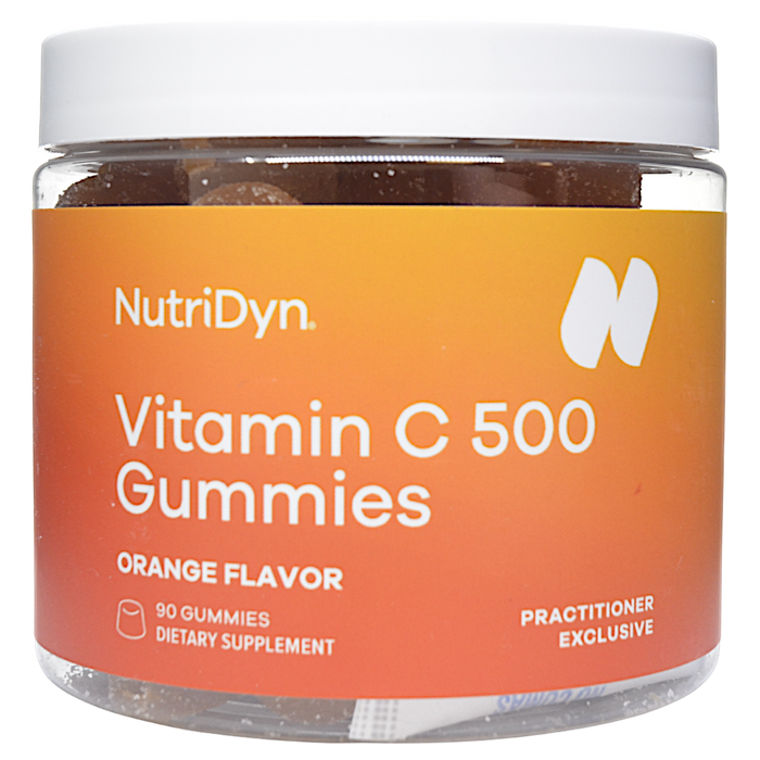 NutriDyn Vitamin C 500 Gummies Orange Flavor 90 count, front of jar