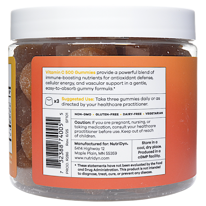 NutriDyn Vitamin C 500 Gummies Orange Flavor 90 count suggested use label
