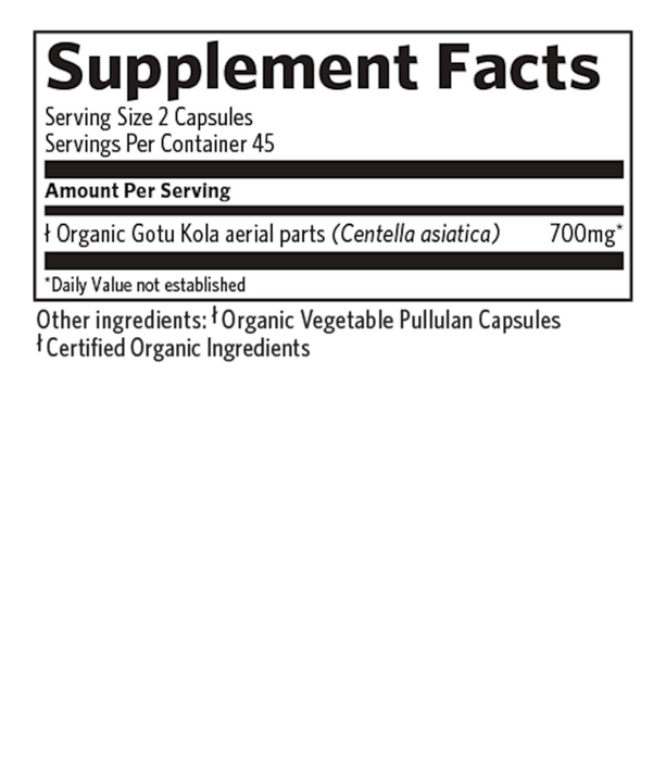 organic india Gotu Kola Brain & Nervous Support vegetarian capsules supplements facts and ingredient label 