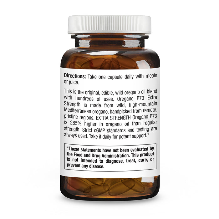 An amber glass supplement bottle with a white cap, showing the back label with directions and text for Oregano P73 Extra Strength.